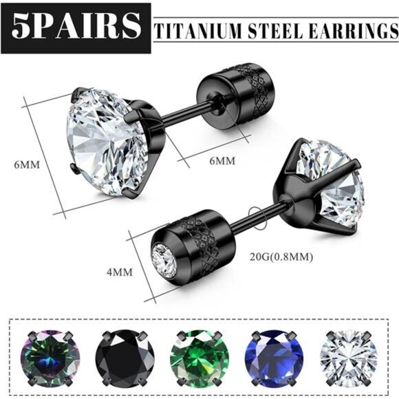 5 Pairs Titanium Screw Back Surgical Stainless Steel Stud Earrings for Men - Picture 2 of 6